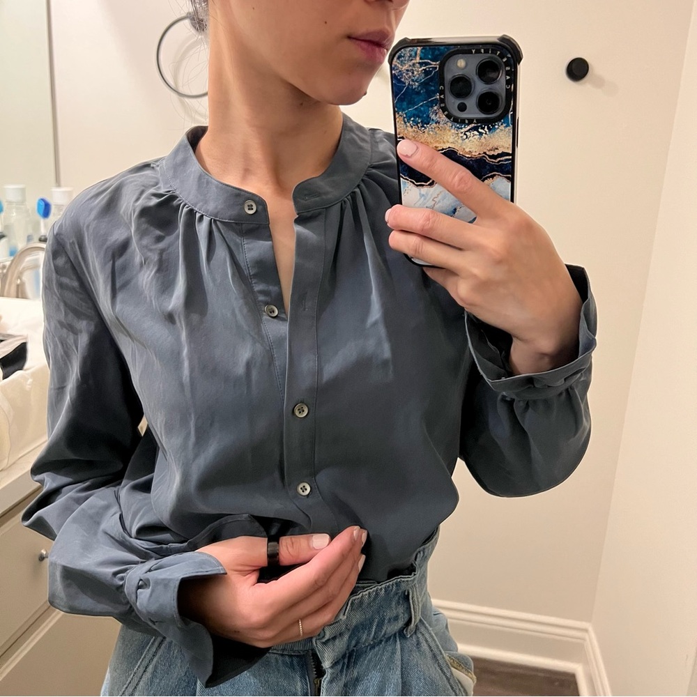 BOGO ❣️ Dusty Teal Band Collar Button Up Top with Ruffle Sleeve